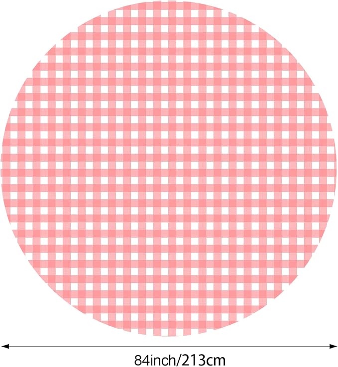 Disposable Checkered Tablecloth Round Plastic Buffalo Plaid Table Cloth 84'' Gingham Tablecover for Picnic Camping BBQ Graduation Party(Pink and White,6 Pieces)