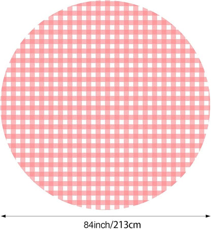 Disposable Checkered Tablecloth Round Plastic Buffalo Plaid Table Cloth 84'' Gingham Tablecover for Picnic Camping BBQ Graduation Party(Pink and White,6 Pieces)