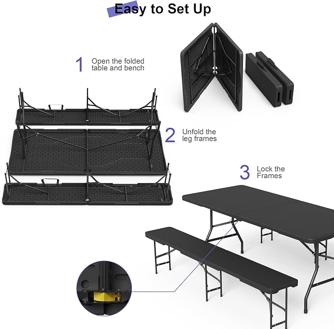 VSOAEIL 6 Foot Folding Picnic Table Set with 2 Benches, Camping Table Chair Set, HDPE Rattan Pattern Top, 3-Piece Portable Indoor Outdoor Furniture with Safety Locks & Handle for Party Camping, Black