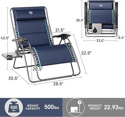 Timber Ridge Oversized Zero Gravity Chair, 33In Wide XXL Zero Gravity Reclining Chair with Side Table, Full Padded Lounge Chair for Outdoor Camping Patio Lawn, Heavy Duty Supports 500lbs, Blue-2 Pack