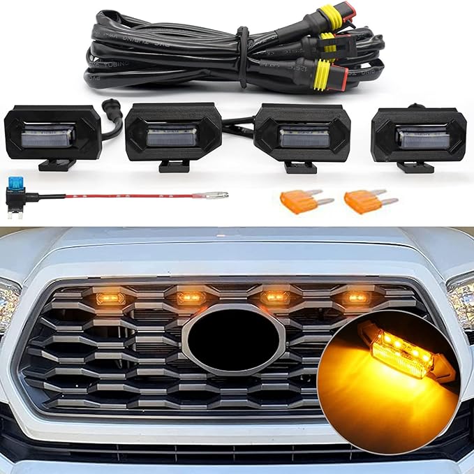 TOP-MAX Upgraded 4PCS Grill Lights for 2020 2021 2022 2023 Toyota Tacoma Off Road and TRD Sport OEM Grill, Tacoma Grill Accessories Replacement LED Warning Lights with Fuse (Amber Light/Smoked Lens)