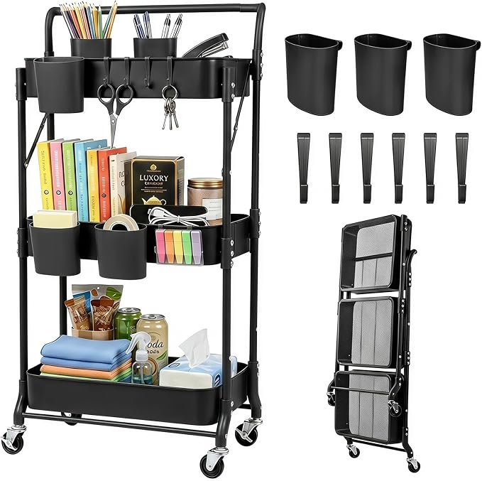 3 Tier Foldable Rolling Cart with Wheels, Folding Utility Cart Organizer, Collapsible Rolling Storage Cart with 3 Hanging Cups & 6 Hooks for Kitchen, Office, Nursery(Black)