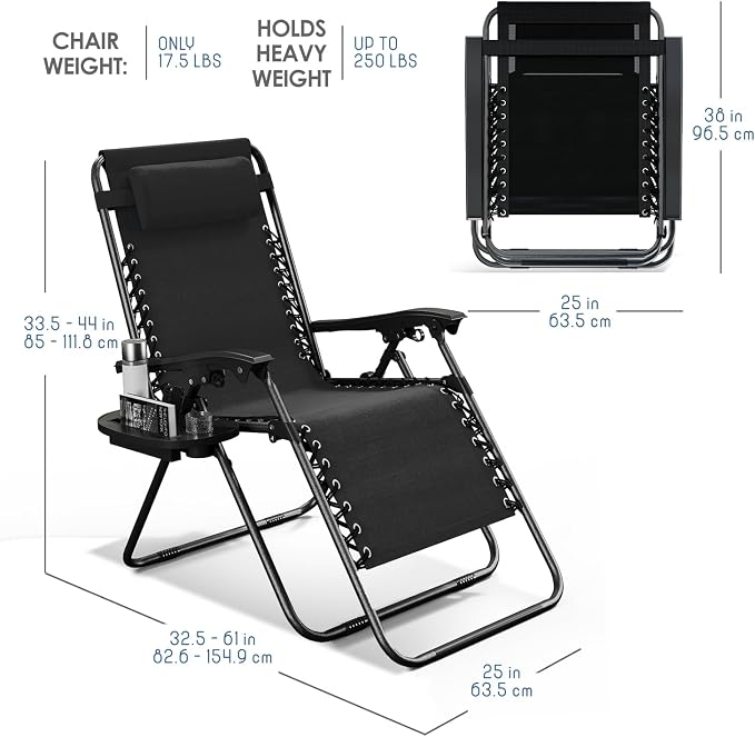 Nestl Zero Gravity Chairs Set of 6, Patio Lounge Chair Outdoor with Pillows & Cup Holder Trays, Adjustable Steel Mesh Reclining Camping Chair, Folding Patio Lawn Chair for Deck, Beach, Yard - Black