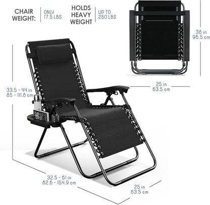 Nestl Zero Gravity Chairs Set of 4, Patio Lounge Chair Outdoor with Pillows & Cup Holder Trays, Adjustable Steel Mesh Reclining Camping Chair, Folding Patio Lawn Chair for Deck, Beach, Yard - Black