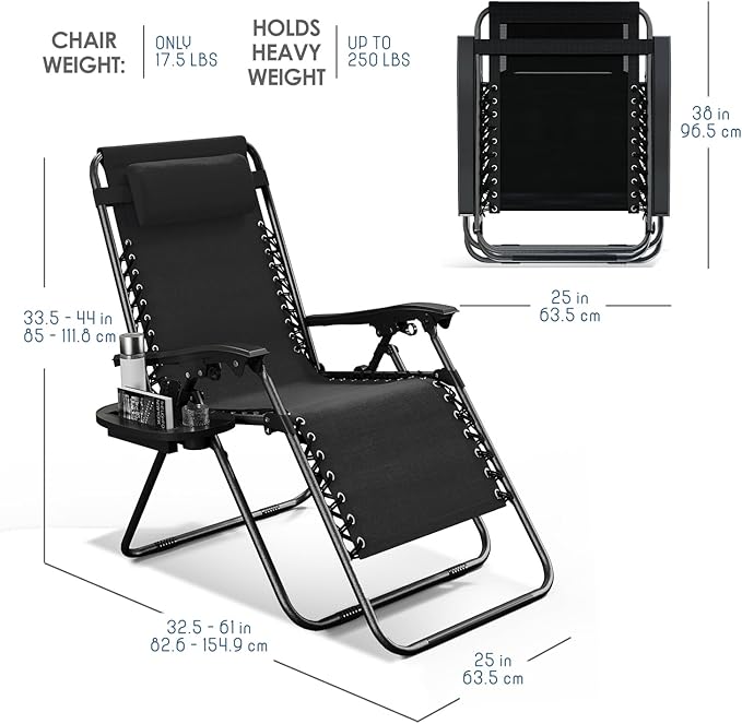 Nestl Zero Gravity Chairs, Portable Patio Lounge Chair Outdoor with Pillows & Cup Holder Trays, Adjustable Steel Mesh Reclining Camping Chair, Folding Patio Lawn Chair for Deck, Beach, Yard - Black