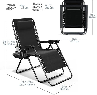 Nestl Zero Gravity Chairs, Portable Patio Lounge Chair Outdoor with Pillows & Cup Holder Trays, Adjustable Steel Mesh Reclining Camping Chair, Folding Patio Lawn Chair for Deck, Beach, Yard - Black