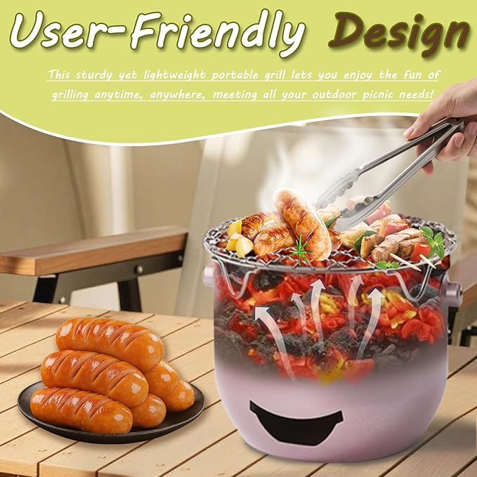 Portable Charcoal Grills, Mini Charcoal BBQ Grill Stainless Steel, Small Outdoor Cooking Grill for Camping, Grilling Backyard, RV, Picnic (Purple)