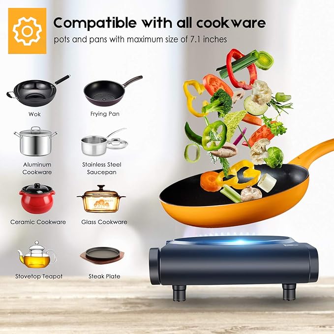 Cusimax Portable Electric Stove, 1200W Infrared Single Burner Heat-up In Seconds, 7 Inch Ceramic Glass Single Hot Plate Cooktop for Dorm Office Home Camp, Compatible w/All Cookware - Upgraded Version