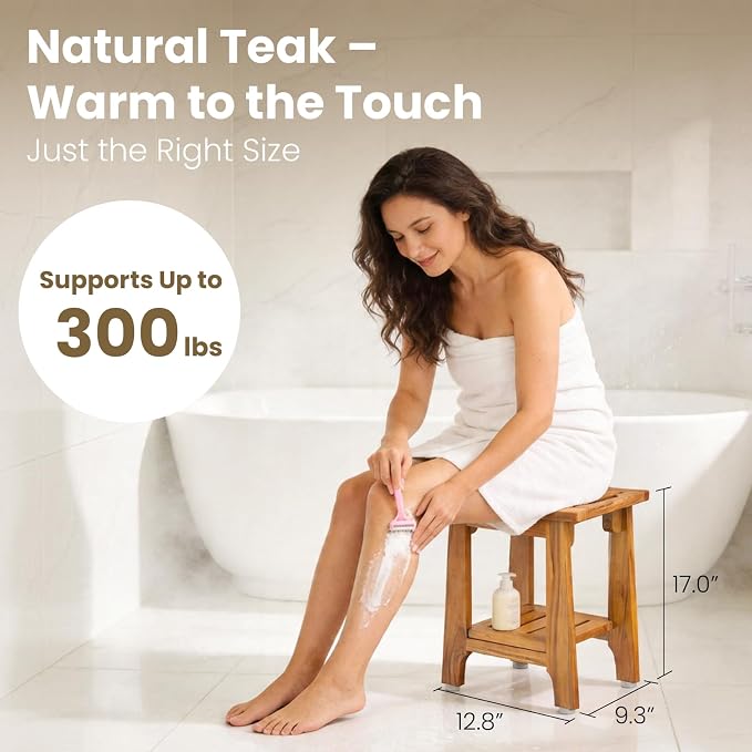 NNN 14" Compact Teak Shower Stool with Japan-Made Non-Slip Leveling Feet | US Patented Design, Marine-Grade Hardware, Pre-Oiled European Teak Oil, Ready, 300lb, for Small Baths Tubs & Outdoor Pools