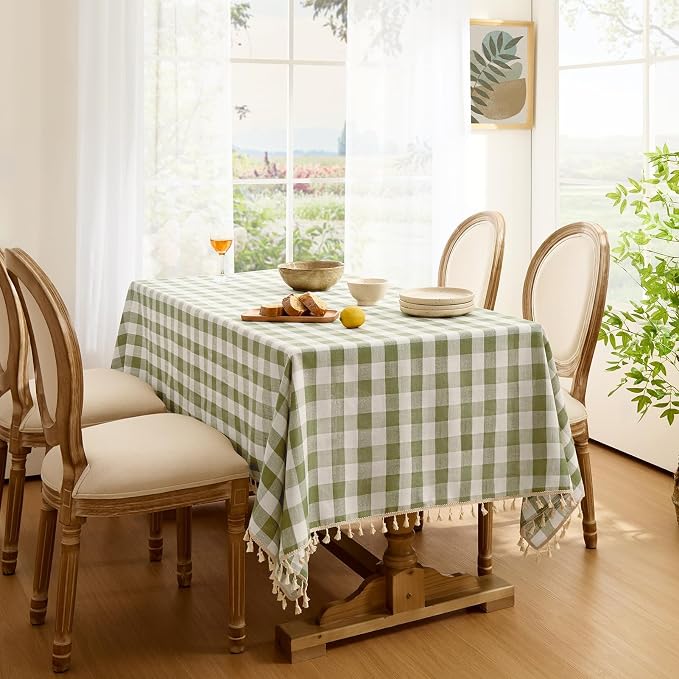 Softalker Outdoor Checkered Tablecloth Rectangle, Spring Summer Linen Cotton Gingham Table Cloth with Tassel, Heavy Duty Wrinkle Free Buffalo Plaid Table Cover for Picnic Camping - 55 x 70 Inch, Sage