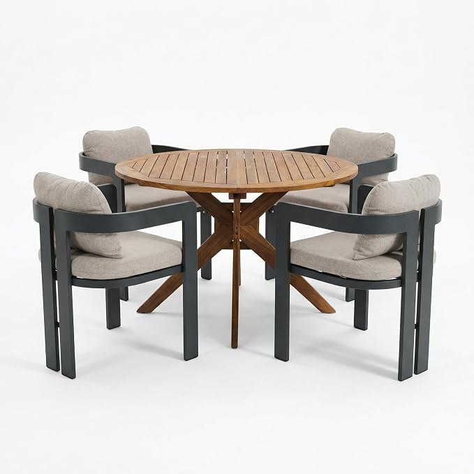 Christopher Knight Home Pula Acacia Wood Patio Dining Set for 4, Wood&Metal Outdoor Dining Table Set for 4, Round Dining Table and Chairs Set of 4 with Cushion, Teak+Grey+Black