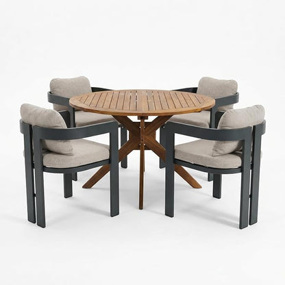 Christopher Knight Home Pula Acacia Wood Patio Dining Set for 4, Wood&Metal Outdoor Dining Table Set for 4, Round Dining Table and Chairs Set of 4 with Cushion, Teak+Grey+Black