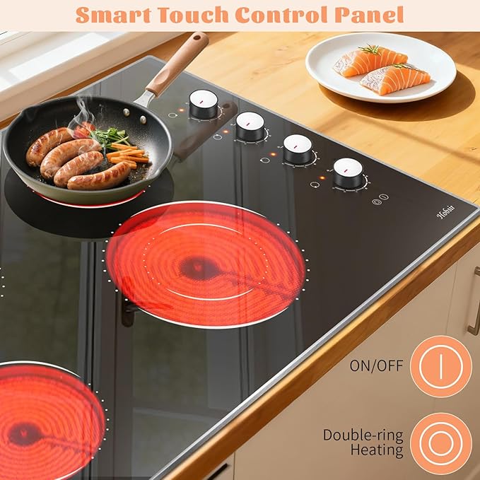 Electric Cooktop 30 Inch Hobsir, 4 Burner Electric Stove Top 6700W, Knob Control Built in Cook top, 30" Electric Stove Top Burner with Glass Protection Metal Frame, Double-ring burner, 220-240v
