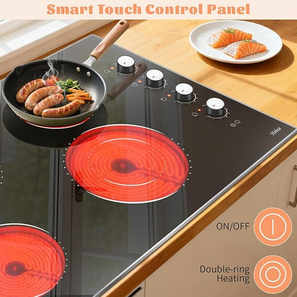 Electric Cooktop 30 Inch Hobsir, 4 Burner Electric Stove Top 6700W, Knob Control Built in Cook top, 30" Electric Stove Top Burner with Glass Protection Metal Frame, Double-ring burner, 220-240v