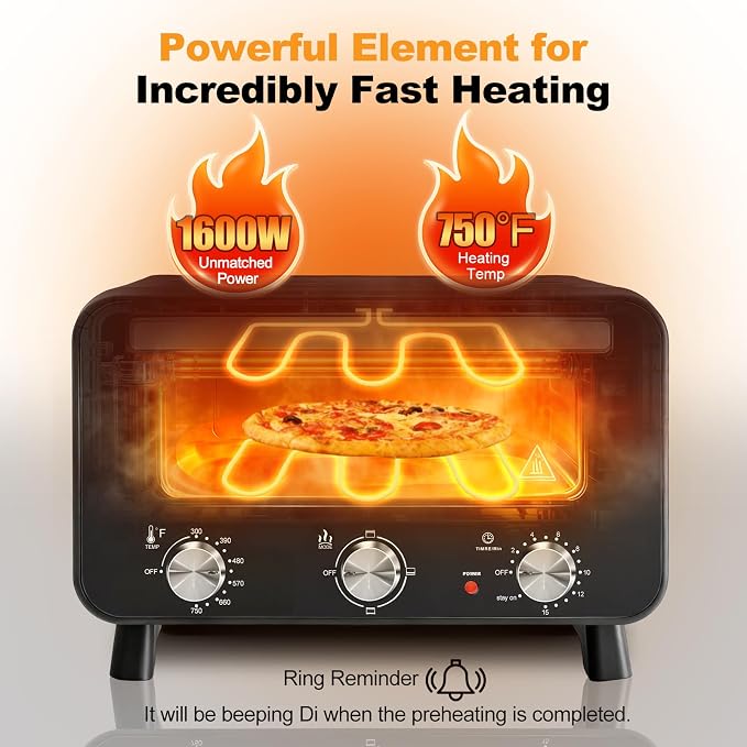 DUMOS Pizza Oven Indoor, 1600W Electric Pizza Maker Fast Heating, 4 Modes for 12 Inches Pizzas, with Stone & Spatula, Upper-Bottom Independent Heating Temperature Control