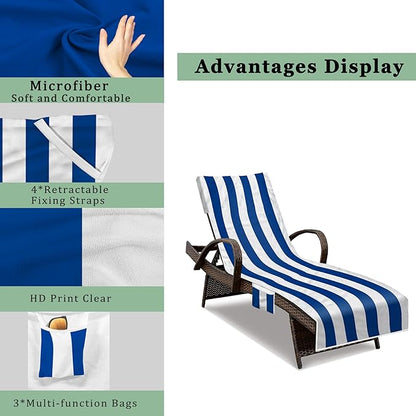 Beach Chair Cover (1Pc), Lounge Chair Covers with Side Pockets 85 x 30,Thick and Quick Dry Lounge Chair Towel Cover for Sun Lounger, Pool Beach Garden Outdoor Tanning Chair Cover, Dark Blue Stripe