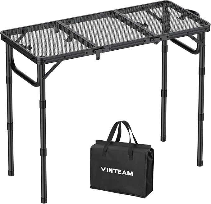 VINTEAM Folding Grill Table with Mesh Top, 3 Adjustable Heights, Lightweight Portable Camping Table, Black Aluminum Alloy BBQ Picnic Table for Outdoor Cooking, Tailgating, Beach, RV & Backyard
