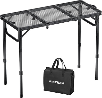 VINTEAM Folding Grill Table with Mesh Top, 3 Adjustable Heights, Lightweight Portable Camping Table, Black Aluminum Alloy BBQ Picnic Table for Outdoor Cooking, Tailgating, Beach, RV & Backyard