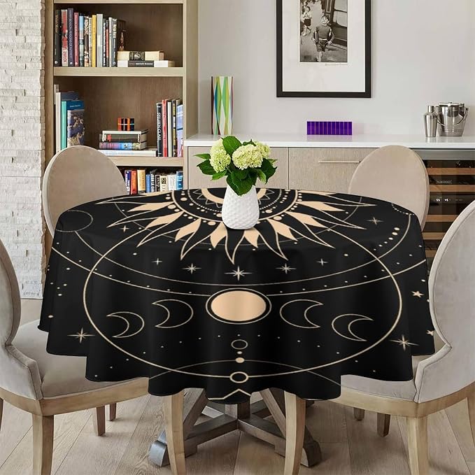 Vintage Tarot Moon Sun Round Tablecloth Moon Phase Star Galaxy Space Esoteric Astrology Table Cloth Water Resistant Wipeable Table Cover for Farmhouse Picnic Party Holiday Kitchen Dinner Table 60"