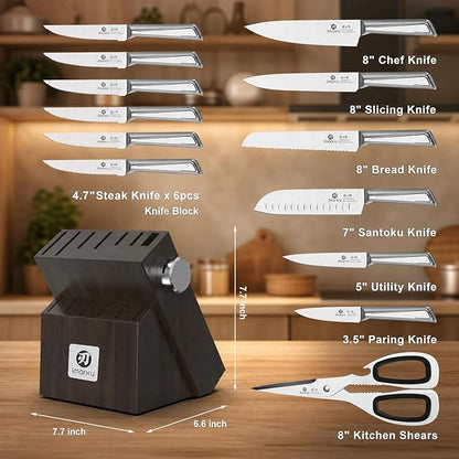 imarku 14-Piece Knife Set with Block, Glides Through Meat, Fish, Veggies & Bread, High Carbon Stainless Steel, Built-in Sharpener, Ergonomic Non-Slip Handle, Essential Gift for Home Cooks