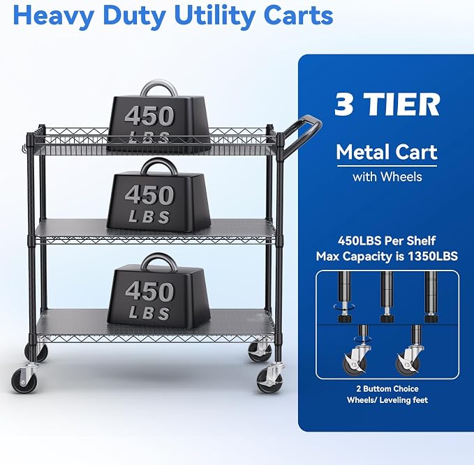 1350Lbs Capacity Heavy Duty Rolling Utility Cart, NSF Rolling Carts with Wheels,Commercial Grade Metal Cart with Handle Bar & Shelf Liner,Trolley Serving Cart for Restaurant,Kitchen,Black