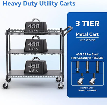 1350Lbs Capacity Heavy Duty Rolling Utility Cart, NSF Rolling Carts with Wheels,Commercial Grade Metal Cart with Handle Bar & Shelf Liner,Trolley Serving Cart for Restaurant,Kitchen,Black