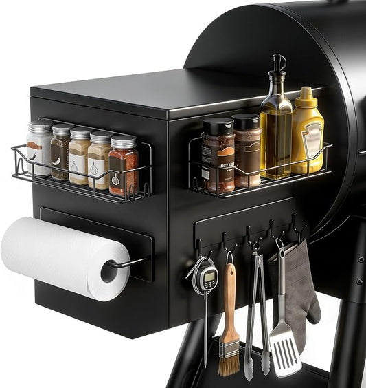 Magnetic Grill Caddy with Bins, BBQ Tool Organizer with Paper Towel Holder | Magnetic Grill Organizer, Magnetic Storage Rack, Fits Most Metal Gas Grills, Pellet Grills & Smokers