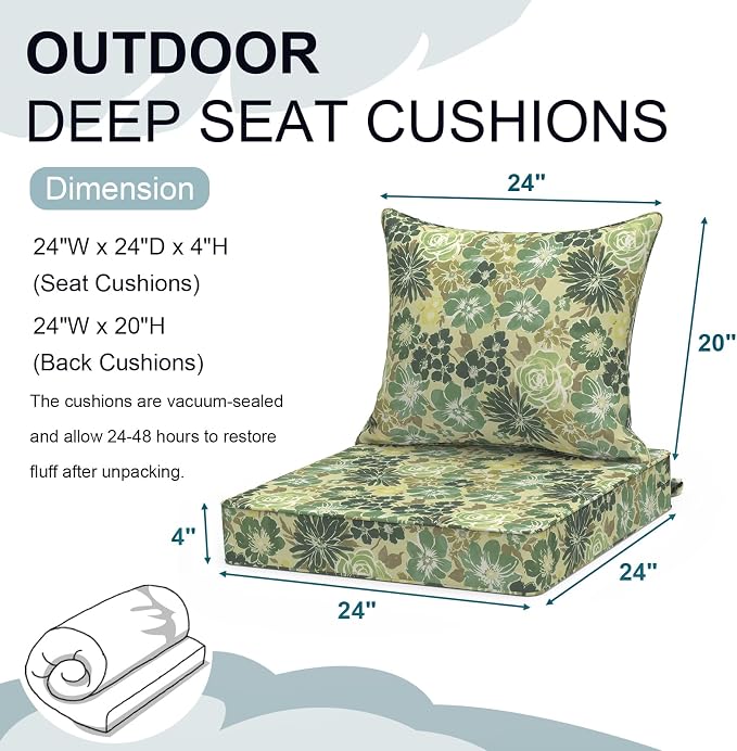DYTXIII Outdoor Deep Seat Cushion Set, Water Repellent 24"x24" Patio Thick Cushions Replacement with Seat & Back Pillow for Patio Sofa, Wicker Chair, Couch - Green Rose