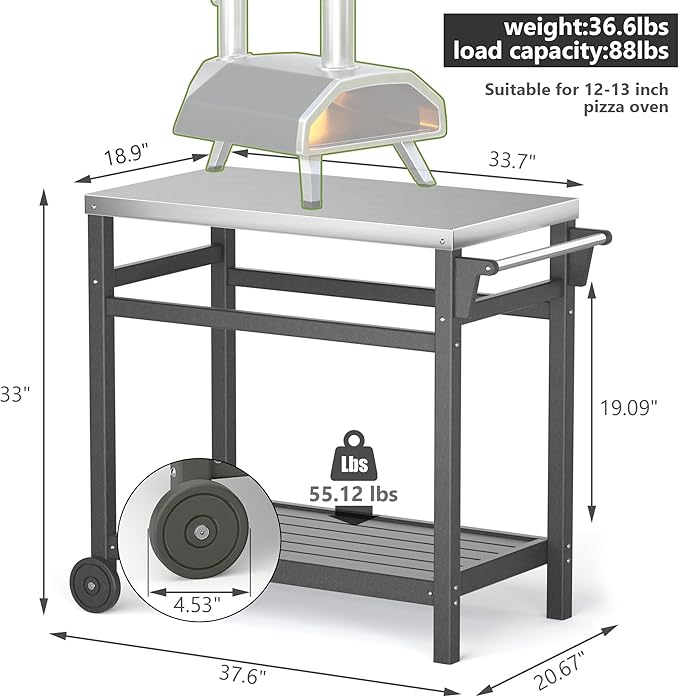 TORVA Outdoor Prep Grill Carts, 303 Stainless Steel Tabletop with High Load Capacity Portable BBQ Table, HDPE Durable Frame 2-Tier Storage Cart, Grey