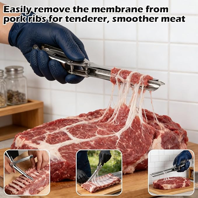 1 Set Rib Membrane Removal Tool, Stainless Steel BBQ Rib Prep Tool with Ergonomic Design Non-Slip Grip for Effortless Removal, Dishwasher Grilling Accessories