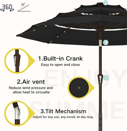 Kingdura 10ft 3-Tier Patio Umbrella with Solar Lights, Table Umbrella Outdoor Patio with Easy Crank & Tilt, 8 Sturdy Ribs, UV Protection, 32 LED Lights for Deck, Poolside, Market (Black)