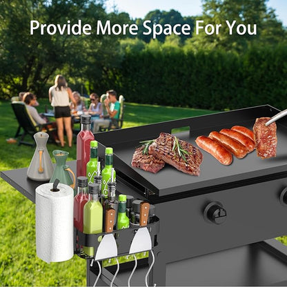 Foldable Griddle Side Shelf and Caddy for Blackstone 28" Griddle, Grill Accessories Space Saving for Blackstone with Paper Towel Holder, 4 Hooks and Storage Box Grill Parts