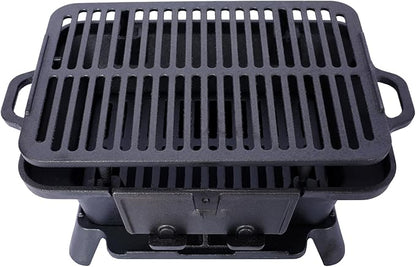 Cast Iron Hibachi Grill & Skillet Combo, Portable Charcoal Hibachi Grills, Compact Camping Charcoal Cooker for Tailgating, Picnics & Hunting (B)