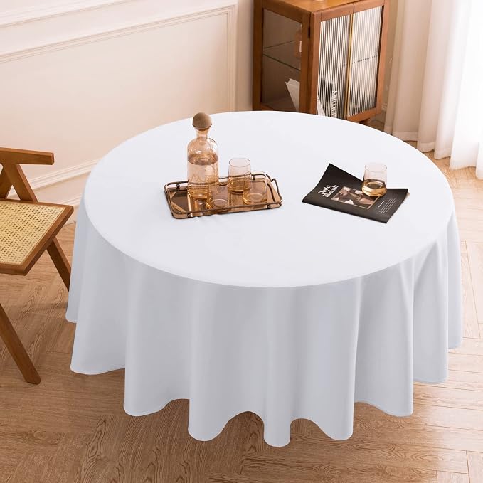 1 Pack White Round Tablecloths 132 Inch for Dining Tables | Washable Decorative Linen Polyester Table Cover for Banquets Buffets Parties and Weddings