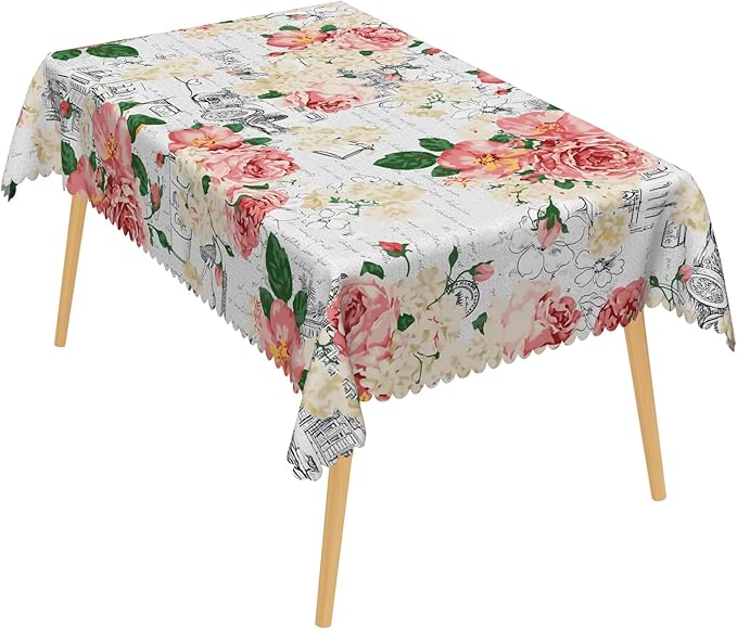 Modern Flowers Rectangular Tablecloth 60x84 Inch Vintage Style French Flower Seasonal Wrinkle Free Polyester Wedding Birthday Oblong Table Cover for Dining Table Farmhouse Kitchen