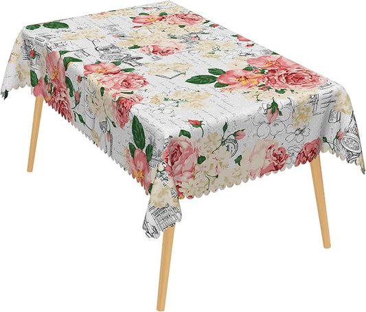 Modern Flowers Rectangular Tablecloth 60x84 Inch Vintage Style French Flower Seasonal Wrinkle Free Polyester Wedding Birthday Oblong Table Cover for Dining Table Farmhouse Kitchen