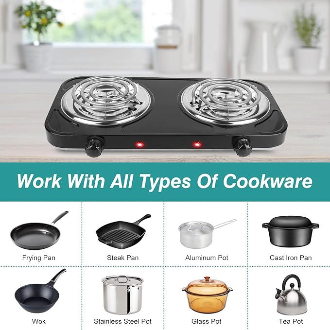 Electric Hot Plate,2000W Portable Electric Stove Countertop Double Coil Burners W/Dual Control&5 Level Temperature Control, Easy to Clean,Lightweight Cast Iron Countertop Stove for Home Camp RV 110V
