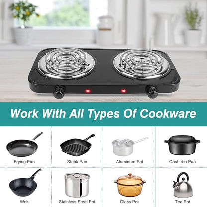 Electric Hot Plate,2000W Portable Electric Stove Countertop Double Coil Burners W/Dual Control&5 Level Temperature Control, Easy to Clean,Lightweight Cast Iron Countertop Stove for Home Camp RV 110V