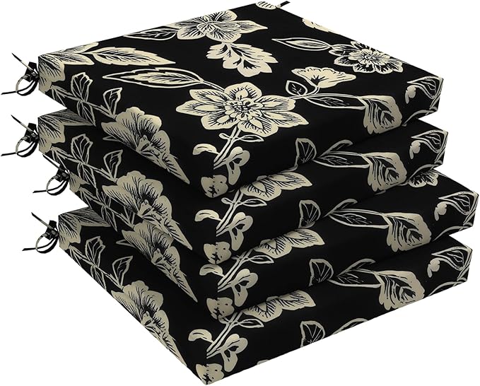 DYTXIII Set of 4 Outdoor Chair Cushions, Water Resistant 18.5"x16"x2" Square Seat Cushion for Patio Dining Chairs, High-Density Replacement Pads for Indoor Outdoor Furniture - Vines Black