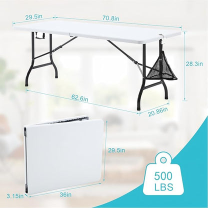 VECELO 6 ft Picini Table with Thickened Top | Removable Mesh Bag | Strong Side Support, 500lbs Weight Capacity Folding Table, Indoor & Outdoor, with Carrying Handle,White