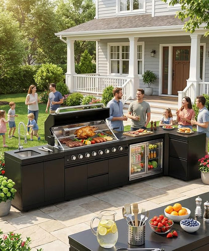 BBQ Outdoor Kitchen Island Grill Barbecue Modular Patio Kitchens Kits with Electric Rotisserie, Sink, fridge, and Burner for More than 15 People