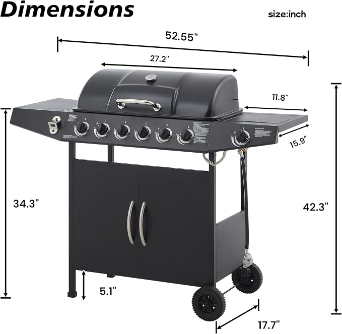 53" Stainless Steel Outdoor Kitchen BBQ Island Grill with LPG Black | 6 Burner 59000 BTU Enamel-Coated Grates and Side Tables for Outdoor Cooking Kitchen and Patio Backyard