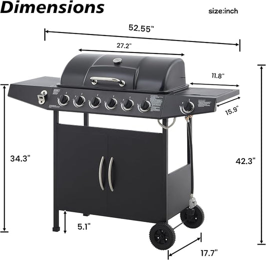 53" Stainless Steel Outdoor Kitchen BBQ Island Grill with LPG Black | 6 Burner 59000 BTU Enamel-Coated Grates and Side Tables for Outdoor Cooking Kitchen and Patio Backyard