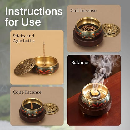 Brass Incense Burner Set with Agarwood Coils, Vintage Bakhoor Resin Burner | Japanese Style Incense Holder; Ideal for Zen & Meditation; Unique Home & Office Decor. Versatile Burner for Most Incense