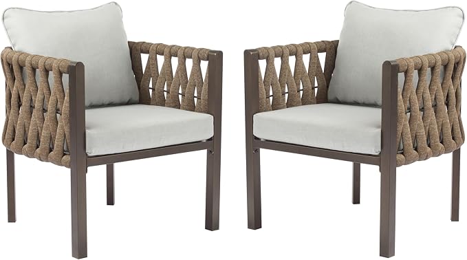 Christopher Knight Home Lena Patio Club Chairs Set of 2, Metal Accent Chairs, Rope Woven Backrest Armchair, Upholstered Cushions Seating, Tub Back Design for Backyard Garden, Brown+Light Gray