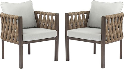 Christopher Knight Home Lena Patio Club Chairs Set of 2, Metal Accent Chairs, Rope Woven Backrest Armchair, Upholstered Cushions Seating, Tub Back Design for Backyard Garden, Brown+Light Gray
