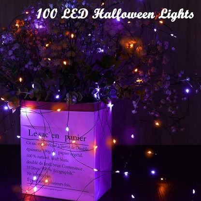 Lomotech Orange Purple Halloween Solar Lights, 2 Pack Total 66ft 200 LED | Solar Fairy Lights, Waterproof Outdoor Twinkle Lights with 8 Modes for Garden, Porch, Trees, Halloween Decor (Black Wire)