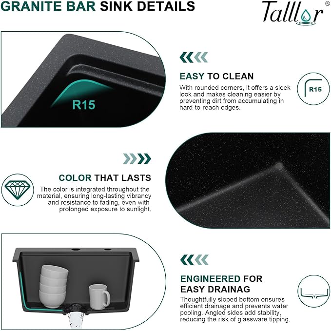 23 Inch Drop In Bar Sink, Matte Black Granite Composite Workstation Single Bowl Small Prep Wet Sink with All-In One Gold Accessories & Cutting Board for RV, Kitchen Bar, and Boat #TLGT-132