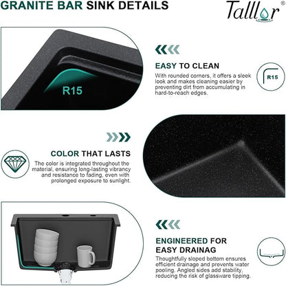23 Inch Drop In Bar Sink, Matte Black Granite Composite Workstation Single Bowl Small Prep Wet Sink with All-In One Gold Accessories & Cutting Board for RV, Kitchen Bar, and Boat #TLGT-132