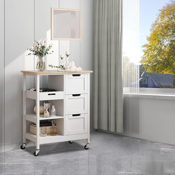 YITAHOME Small Solid Wood Top Kitchen Island Cart on Wheels with Storage, Rolling Portable Dining Room Serving Utility Carts Mobile Movable with 3 Drawers Cabinet, Oak & White